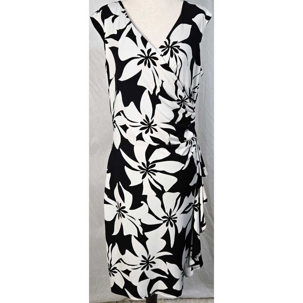 White House Black Market Stretch Floral Dress Ruched Faux Wrap Work Classic